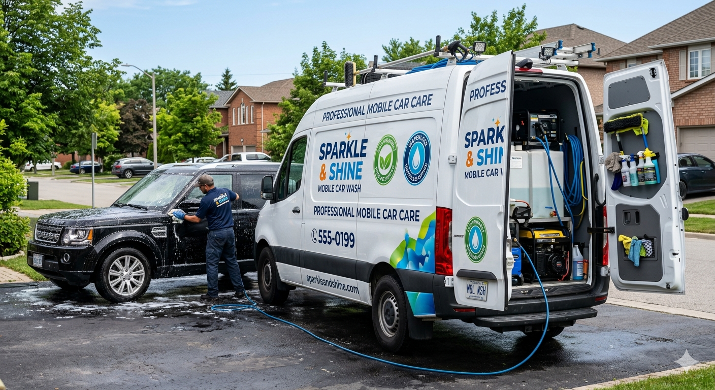 Mobile car wash van in action
